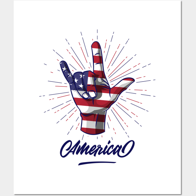 I Love You Hand Sign Gesture USA American Flag Cute Wall Art by teeleoshirts